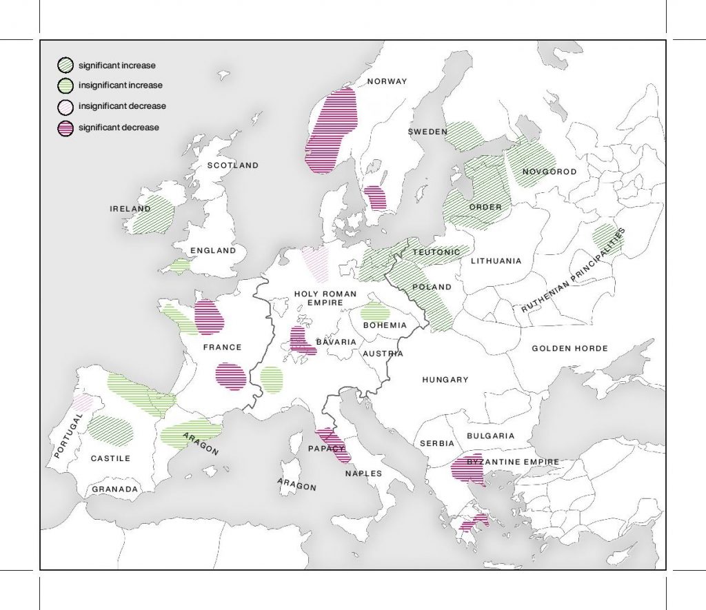 Karta över de regionala skillnaderna i Europa under digerdöden