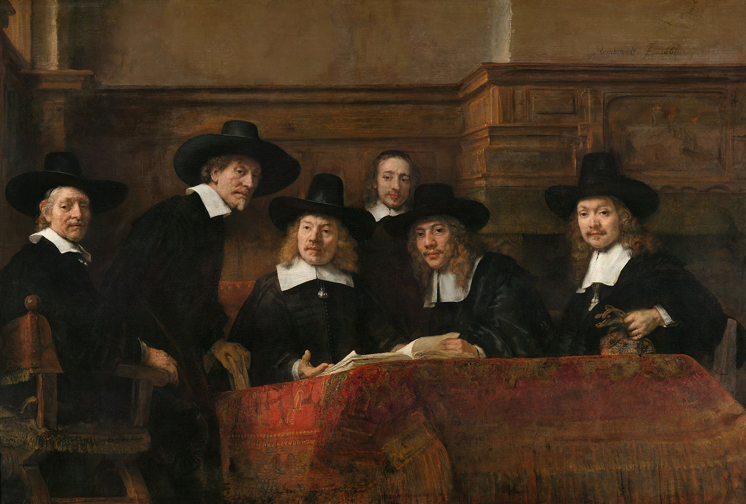 Rembrandts välkända målning De Staalmeesters från år 1662 som han gjorde till Amsterdams klädesvävarskrå. Den ägs idag av Rijksmuseum i Amsterdam. Public Domain.