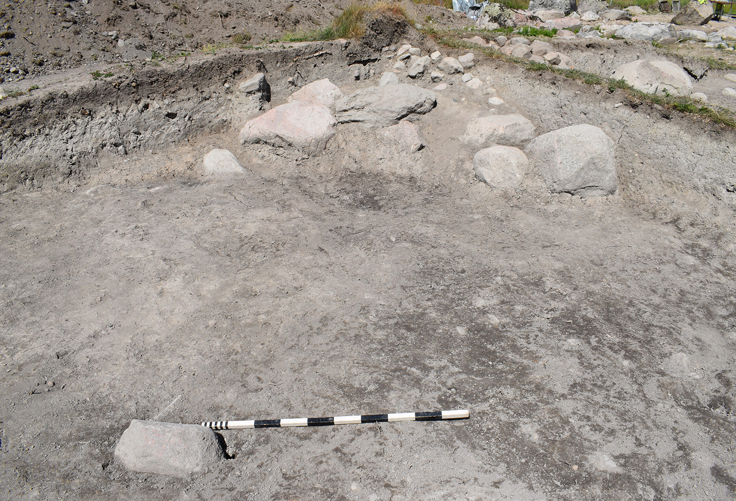 Tvärsnitt genom högen. De mycket hårda lerlagren syns tydligt som ett grått stråk. Foto: Arkeologerna.