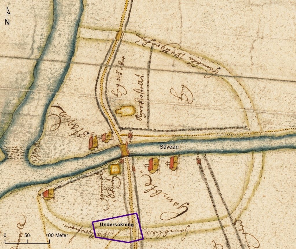 Kartor från stadstiden saknas. Denna är från 1677 och visar det som då fanns kvar av staden – vallgraven och kyrkoruinen. Byggnaderna tillhör landerierna. Det område vi ska undersöka är markerat. 