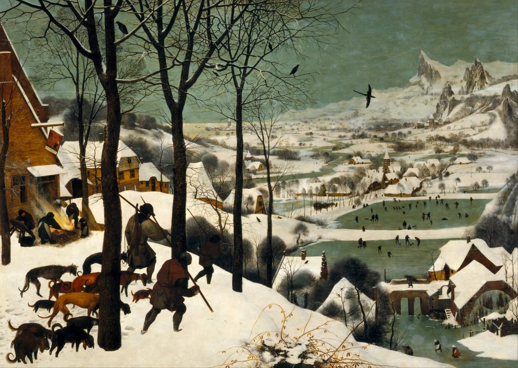 Oljemålning som visar personer som åker med isläggar i en vintrig backe, med hus i bakgrunden.
