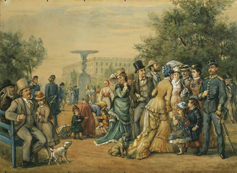 Personer som går runt i Kungsträdgården på 1800-talet.