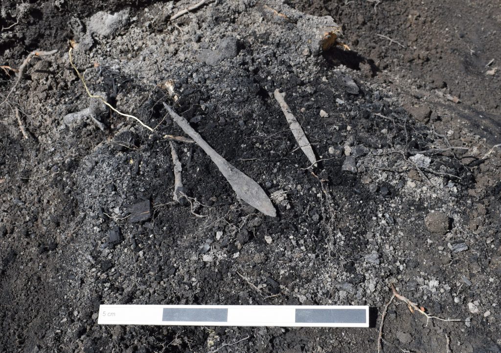 Tre välbevarade pilspetsar har precis putsats fram från en gravs kremeringslager. 