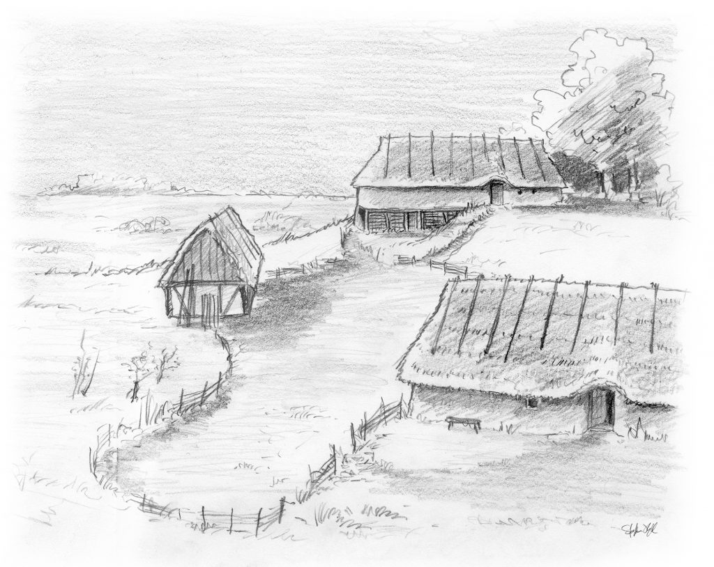 Teckning av hus och en järnåldersgård.