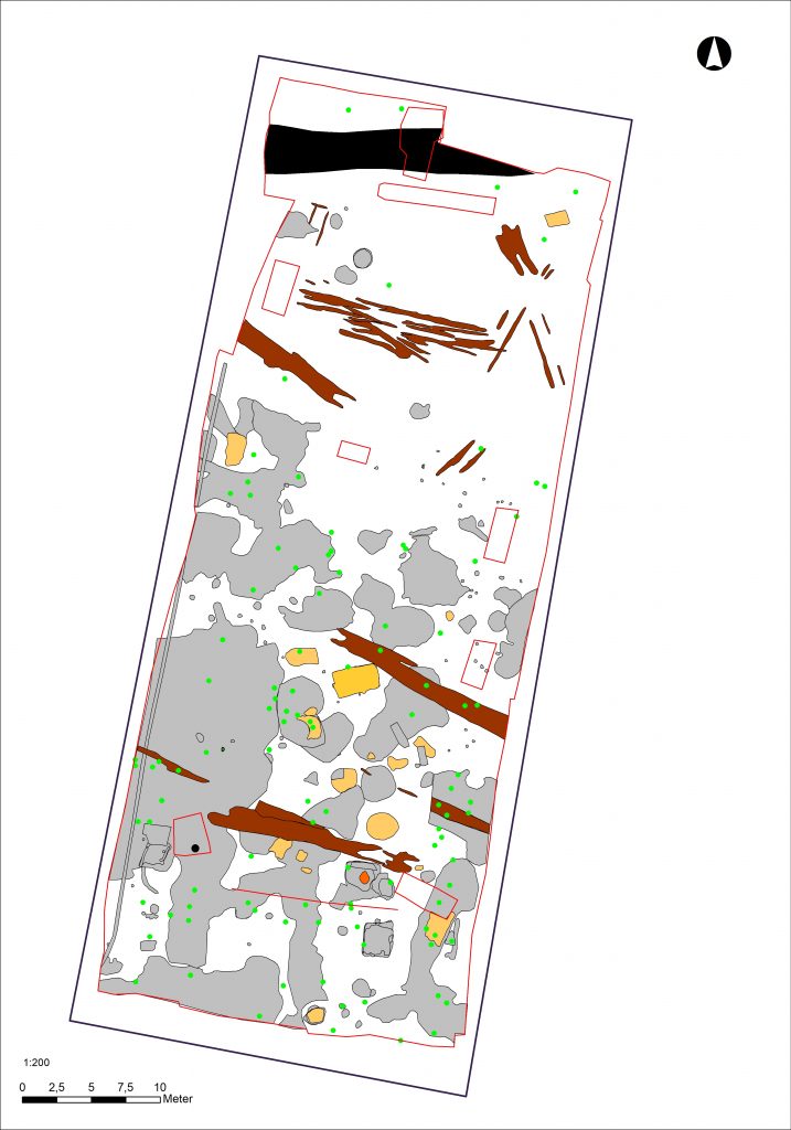 Kartbild eller plan över området med olika delar inmarkerade. 