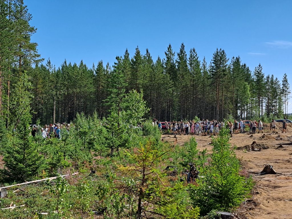 En folkmassa mitt ute på utgrävningsområdet med skogen bakom.