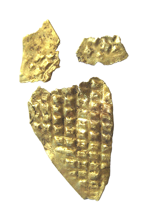 Tre fragment i guld med våffel-mönster mot vit bakgrund. 