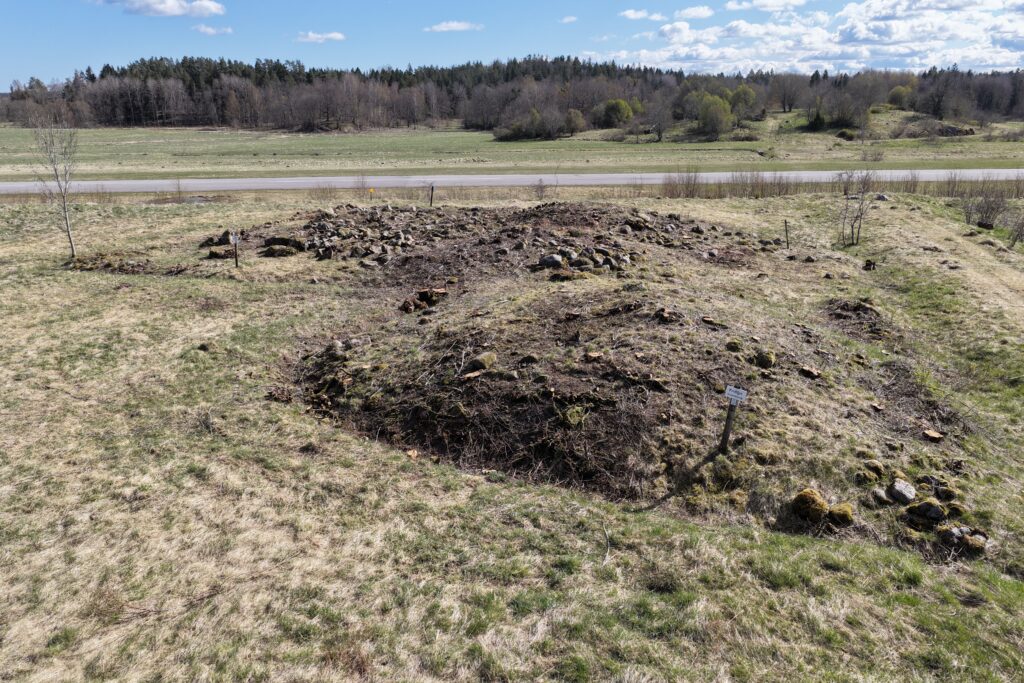 Ett landskap med en hög av jord i förgrunden och en väg bakom och skog.