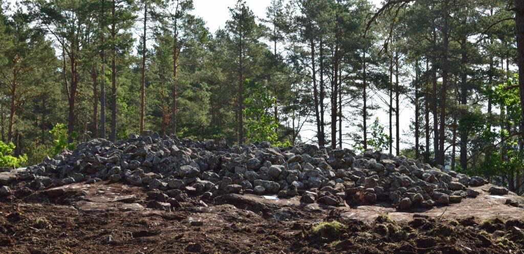 Bilden visar ett röse byggt av gråaktiga stenar med tallar i bakgrunden.