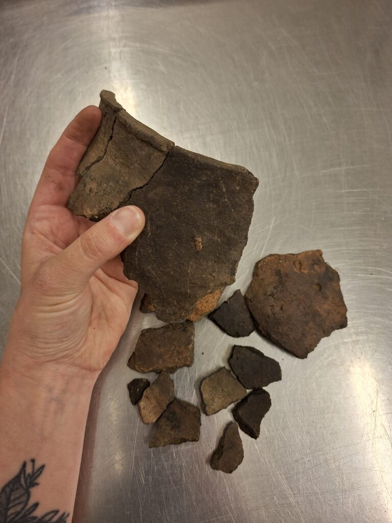 Närbild av en hand som håller ett antal mörkbruna keramikskärrvor. 